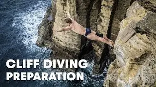 Preparing to cliff dive in Portugal - Red Bull Cliff Diving World Series 2014
