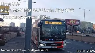 Line: 337 Ride: MAN NG 360 Lion's City 18C Company: Arriva City to Budějovická (C)