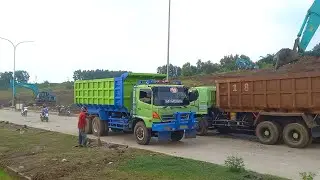 Excavator Loading Soil Into Hino Tronton Truck, Heavy Equipment Big Project