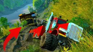 Recovery Truck Towing A Dump Truck On A Steep Hill || SnowRunner