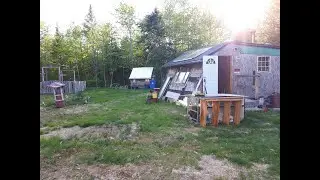 offgrid cabin in Canadian wilderness cutting logs