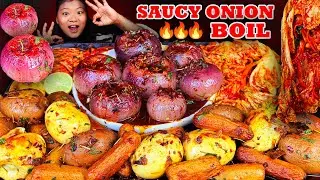 🔥I Tried Viral Onion Boil Mukbang 🧅😱With Spicy Kimchi, Sausages, Eggs & Potatoes | So Addictive