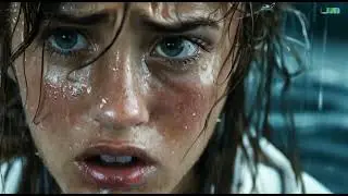 Extreme closeup footage of a young sailor woman with a concerned expression during a rainstorm
