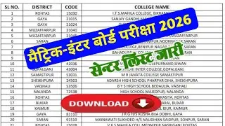 Bihar Board Center List 2026! Matriculation-Intermediate Center List Released 10th 12th Exam Cent...