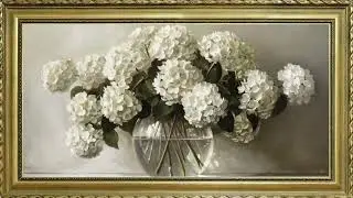 VINTAGE QUADRO TV ARTE BRANCO FLORAL HIDRANGEAS TV SCREENSAVER PAPEL DE PAREDE FUNDO PINTURA A ÓLEO