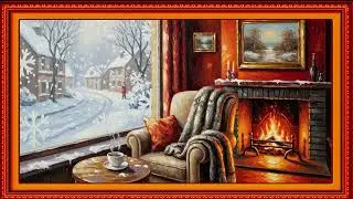 European Winter Cottage Oil Painting | Cozy Fireplace Gold Frame TV Art | 1 Scene - 2 Hrs