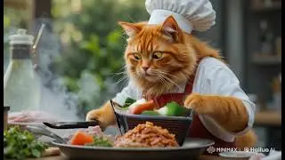 A big fat orange cat cooking food