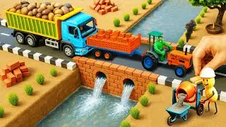 The crook destroyed cement bridge, building mini concrete bridge with truck tractor and mini bricks