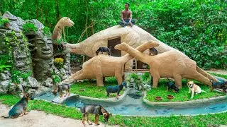HANDMADE Building Dinosaur Mud House Dog And Waterfall in Jurassic Park For Rescued Puppy