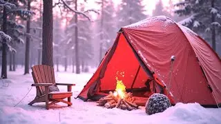 3 Hours Winter Campfire in Snowy Forest | Calm Fire & Wind Ambience