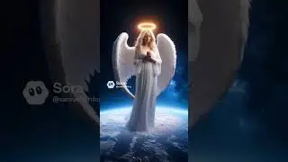 A serene angel praying in mid-air above Earth, soft white wings folded, glowing halo, planet &hellip;