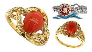 18K Solid Gold Red Coral Cabochon & Diamonds Stylized Halo Designer Ring Band