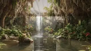 Cave retreat with a waterfall, lush flowers, and cozy seating.
