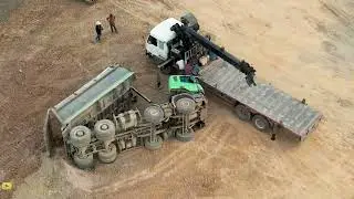 Amazing Two Dump Trucks Accident Was Overturned Back Recovery With Crane and Powerful Bulldozer