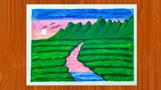 how to draw a green hill scenery with canal || Oil pastels drawing for beginners step by step.