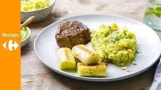 Italiaanse steak met gebakken prei en knoflookpuree