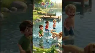 Happy Kids and Their Dog Playing at the Lake