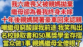 我六歲喪父被親媽拋棄，繼母卻為養我終身未嫁。十年後親媽開著豪車回來認親，嘲繼母窮酸誤我前途 我笑掏出，名校錄取書和50萬獎學金存摺，當众做1事 親媽繼母全傻眼了  笑看人生情感生活