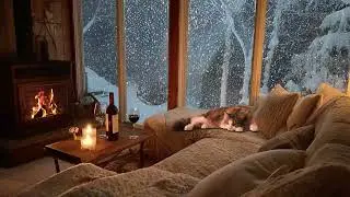 A Quiet Winter Night by the Fireplace with Snowfall Outside the Window and a Sleeping Cat