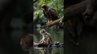 Eagle Watches Baby Monkey Drift Beside Glinting Snake in Glassy Water #wildlifeentertainment  #birds