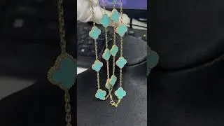 Custom Made Van Cleef Arpels Vintage Alhambra 20 Motifs Necklace 18K Real Gold Turquoise Stone