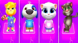 Talking Tom and friends Tom vs Angela vs Ben vs Hunk in Tiles Hop Coffen banec