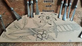 Sword and flowers woden carved
