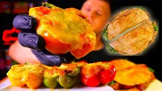 Meat-stuffed bellpepper with cheese, Tacos steak. ASMR MUKBANG, АСМР МУКБАНГ, 먹방, 大食い, たべる