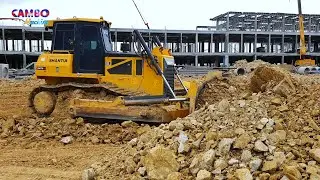 Strongly Mighty Bulldozer moving Rock Soil, Dump trucks unloading soil filling up land for building