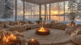 Warm Winter Cabin at Sunset ❄️ Soft Piano & Fireplace Sounds for Work, Study