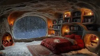 Snowy Cave Ambience ❄️🔥 | Fireplace & Blizzard Sounds for Deep Sleep or Study