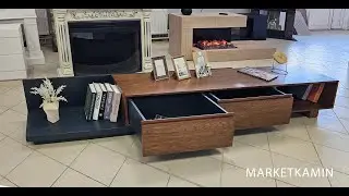 Раздвижная ТВ-тумба-трансформер с выдвижными ящиками и открытой нишей #маркеткамин