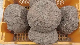 concrete+mud dirt asmr big bowls, buckets dry crumbling in yellow crate bombastic crush