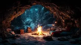 Blizzard Beyond the Cave ❄️ | Warm Firelight Inside as Roaring Winds Bring Deep Calm