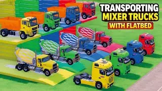 TRANSPORTING ALL COLORFUL MACK MIXER TRUCKS WITH FLATBED TRAILER MAN SNOW BLOWER TRUCK, MARCEDES FS2