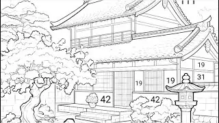 Traditional Japanese house surrounded by blooming cherry blossoms | Coloring Games