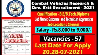 Combat Vehicles Research & Dev. Estt Recruitment 2021 | 57 Graduate and Technician  Apprentices Post