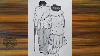 Elderly Couple walking together Drawing || Standing together forever❤️|| Cute oldest couple drawing