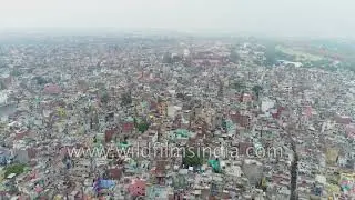 Mass of crowded housing in Chandni Chowk, Old Delhi: Aerial view