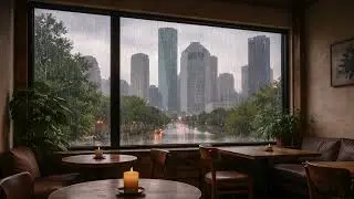 Houston Café Rain Ambience | 1 Hour Rainy Coffee Shop with City View