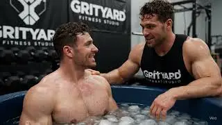 Muscular twins working out and using ice baths to recover faster.