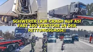 [Fast 100 Verstöße gegen die Rettungsgasse] - Schwerer Lkw-Unfall am Stauende auf A5 - | Feuerwehr
