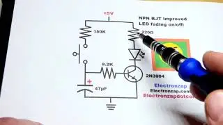 LED fade on off improved with NPN BJT improved capacitor controlled by push button switch circuit