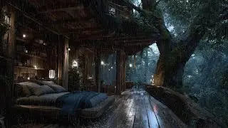 Peaceful Night Sleep | Heavy Rain Falling on Cabin Window in the Woods