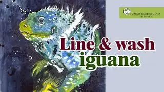 Line and wash animals: watercolor, Sharpie markers and white ink iguana step by step