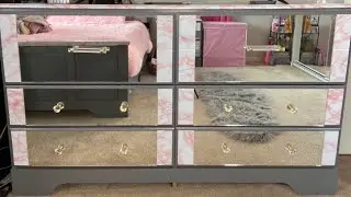 Furniture Makeover|DIY Pink Marble Mirrored Dresser & Nightstand Using Contact Paper|Glam Furniture
