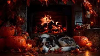 🐾 Cozy Autumn Fireplace 4K | Sleeping Dog, Pumpkins & Crackling Fire