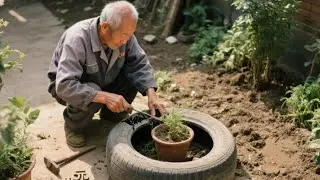 70 岁大爷神操作！15 元用旧轮胎爆改花盆，重现奶奶二十年前碰盆技艺#传穿#技艺