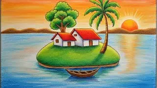 How to Draw a Beautiful Village Island  With River & Sunset  | Easy Village Drawing for Beginners |
