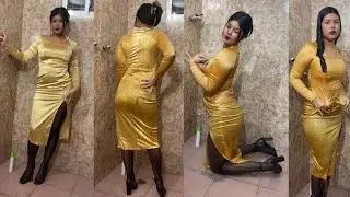 yellow Satin dress with pantyhose | wetlook